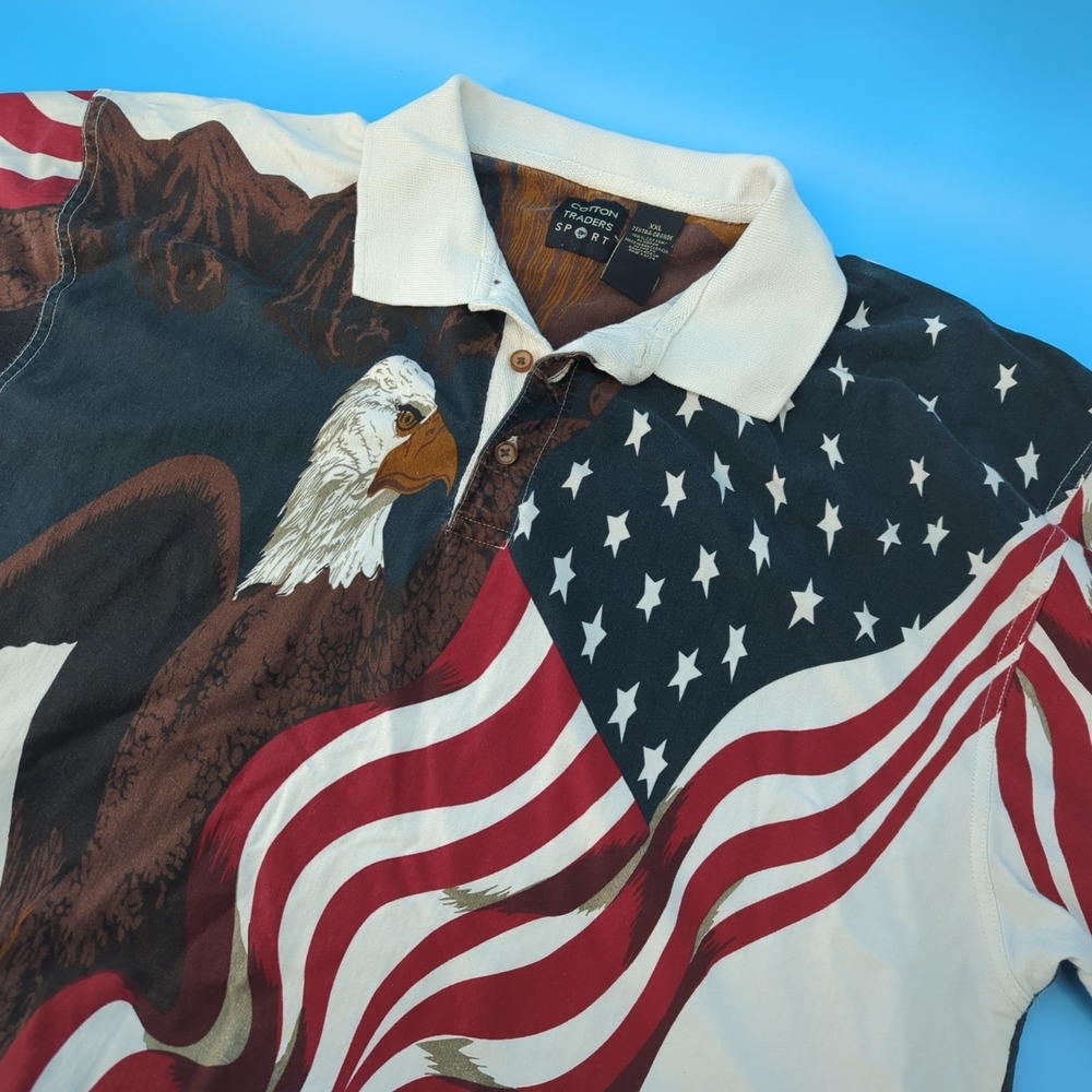 VTG Cotton Traders Sport‎ Eagle American Flag Polo Shirt USA Patriotic XXL AOP